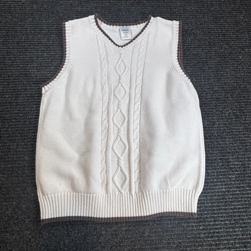 Gymboree Boys Cream Brown Cable Knit Sweater Vest V-Neck‎ Cotton Size M 7-8 - Picture 2 of 5